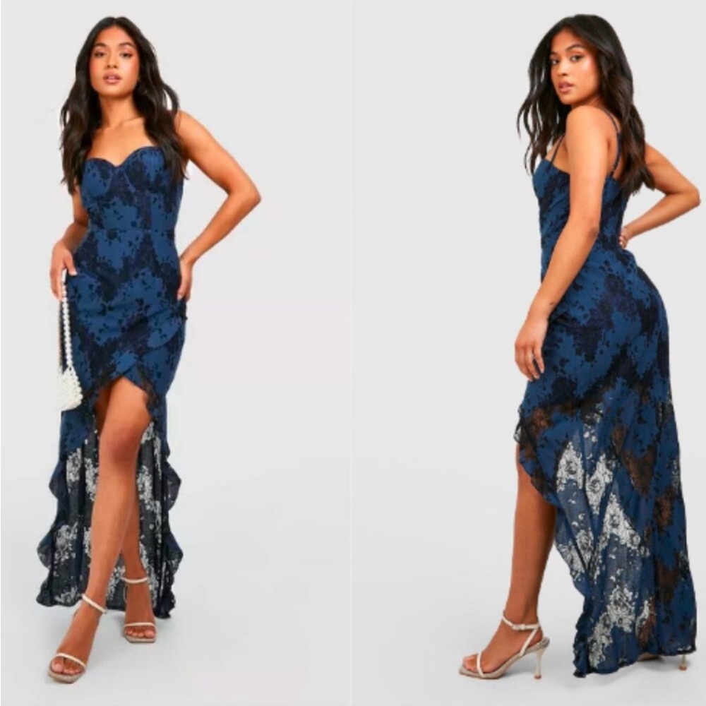 COPY - BOOHOO PETITE RUFFLE DETAIL LACE TRIM MAXI DRESS